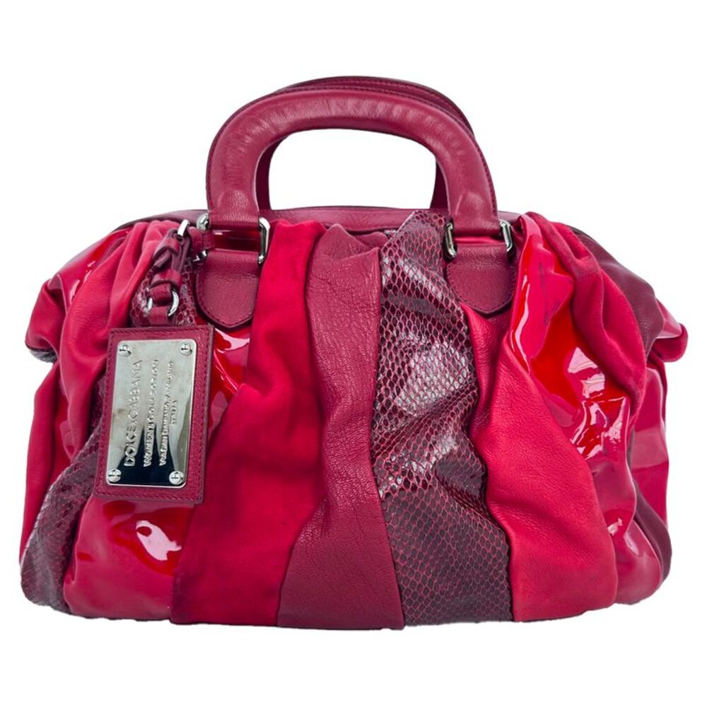 Dolce & Gabbana Snakeskin-Accent Top Handle Bag in Burgundy Leather